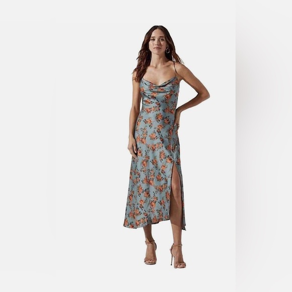 Astr light sage and Orange floral Midi Dress with Slit and Cowl Neck size large - Picture 1 of 12